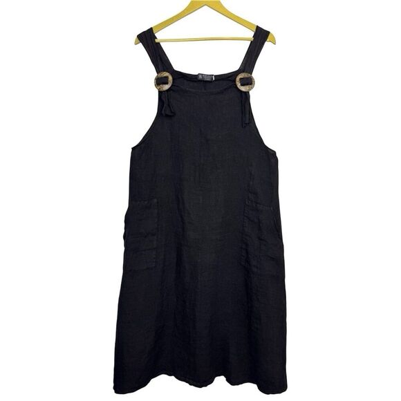 Bella Amore Made in italy Black 100% Linen Midi Dress Size S/M Pockets Lagenlook - Picture 1 of 8